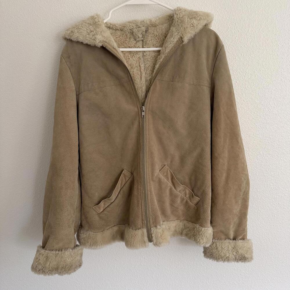 Vintage Suede London Fog Hooded Zip Jacket Sz S Leather Western Boho Shearling